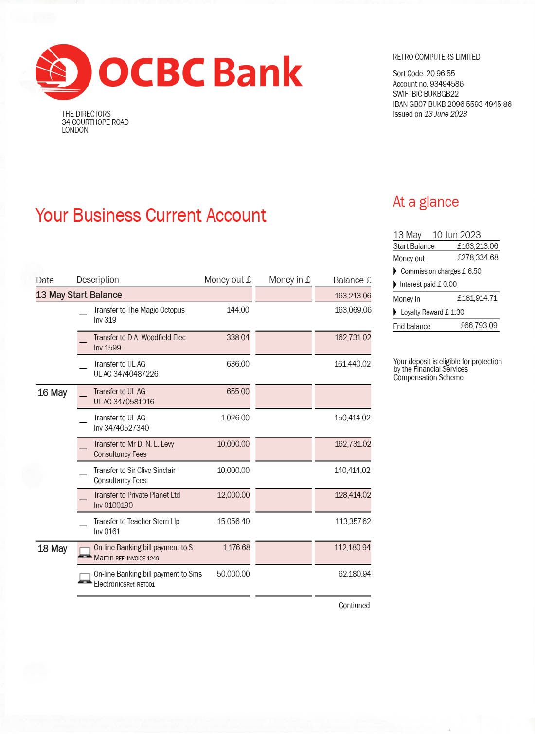 Relevé bancaire de la banque OCBC